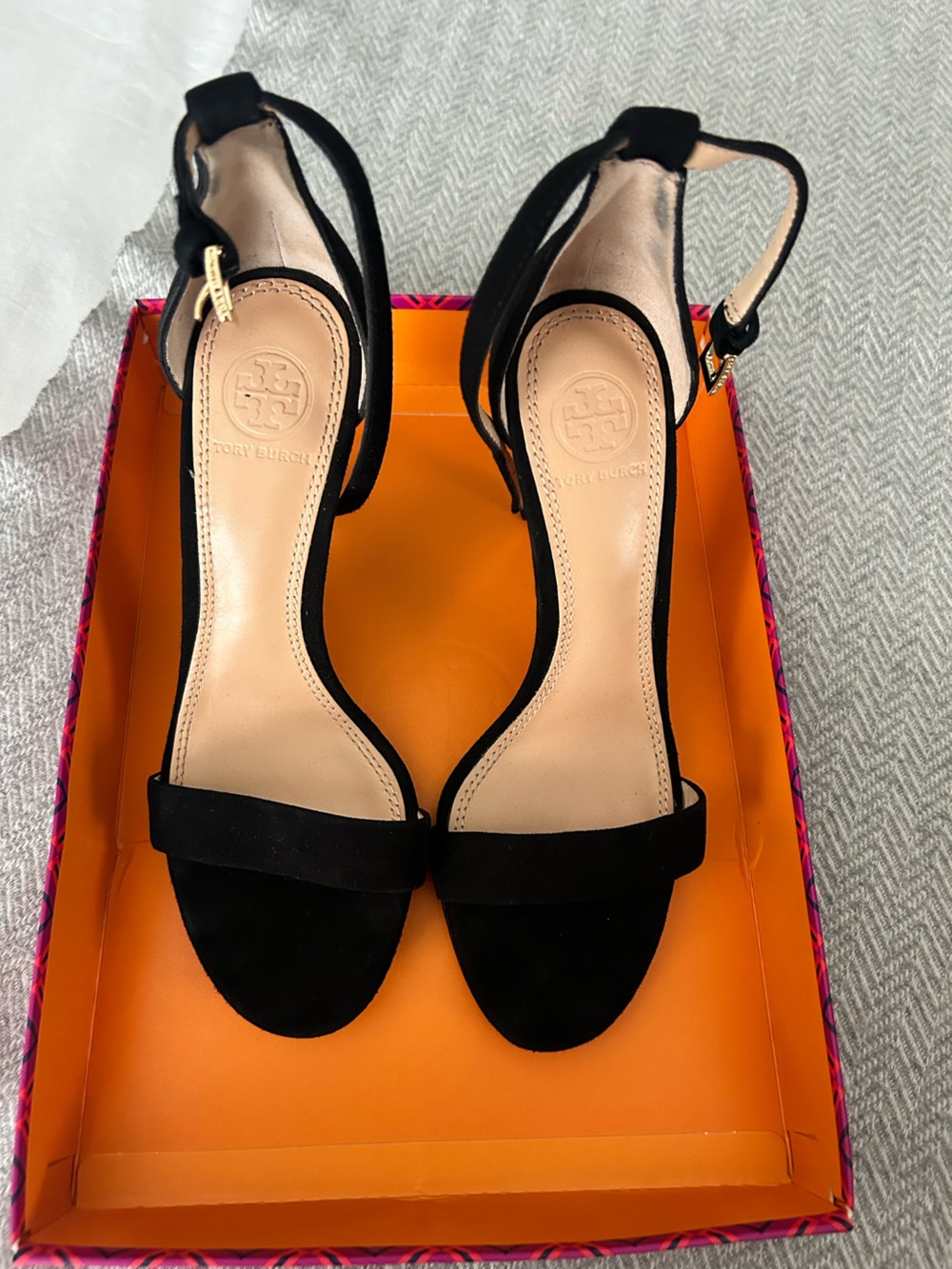 Tory Burch Black and Beige Suede Ankle Strap Heels